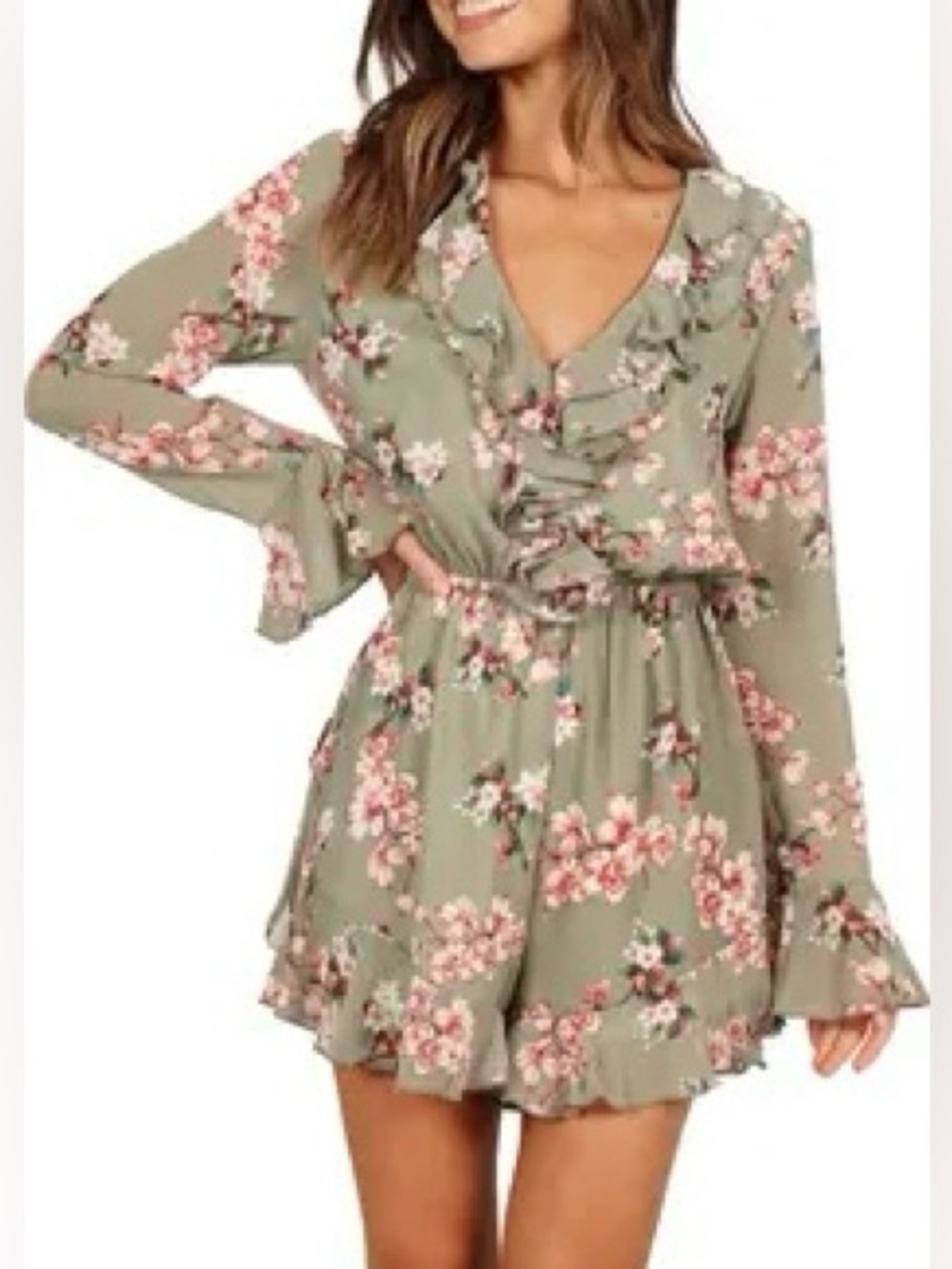 Petal & Pup Olive Green Floral Ruffle Romper with Pink Blossoms - M